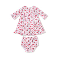 Rose Bow Lattice - Box Pleat Dress with 3/4 Sleeve + Peter Pan Collar & Diaper Cover