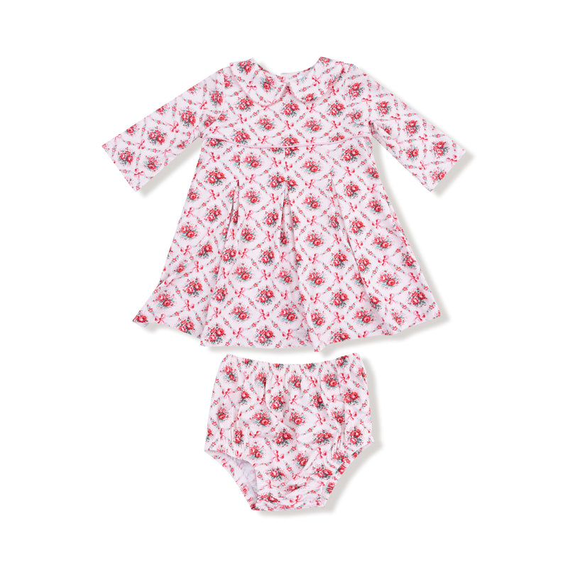 Rose Bow Lattice - Box Pleat Dress with 3/4 Sleeve + Peter Pan Collar & Diaper Cover