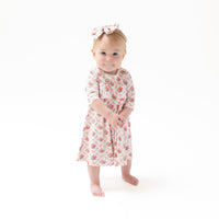 Rose Bow Lattice - Box Pleat Dress with 3/4 Sleeve + Peter Pan Collar & Diaper Cover
