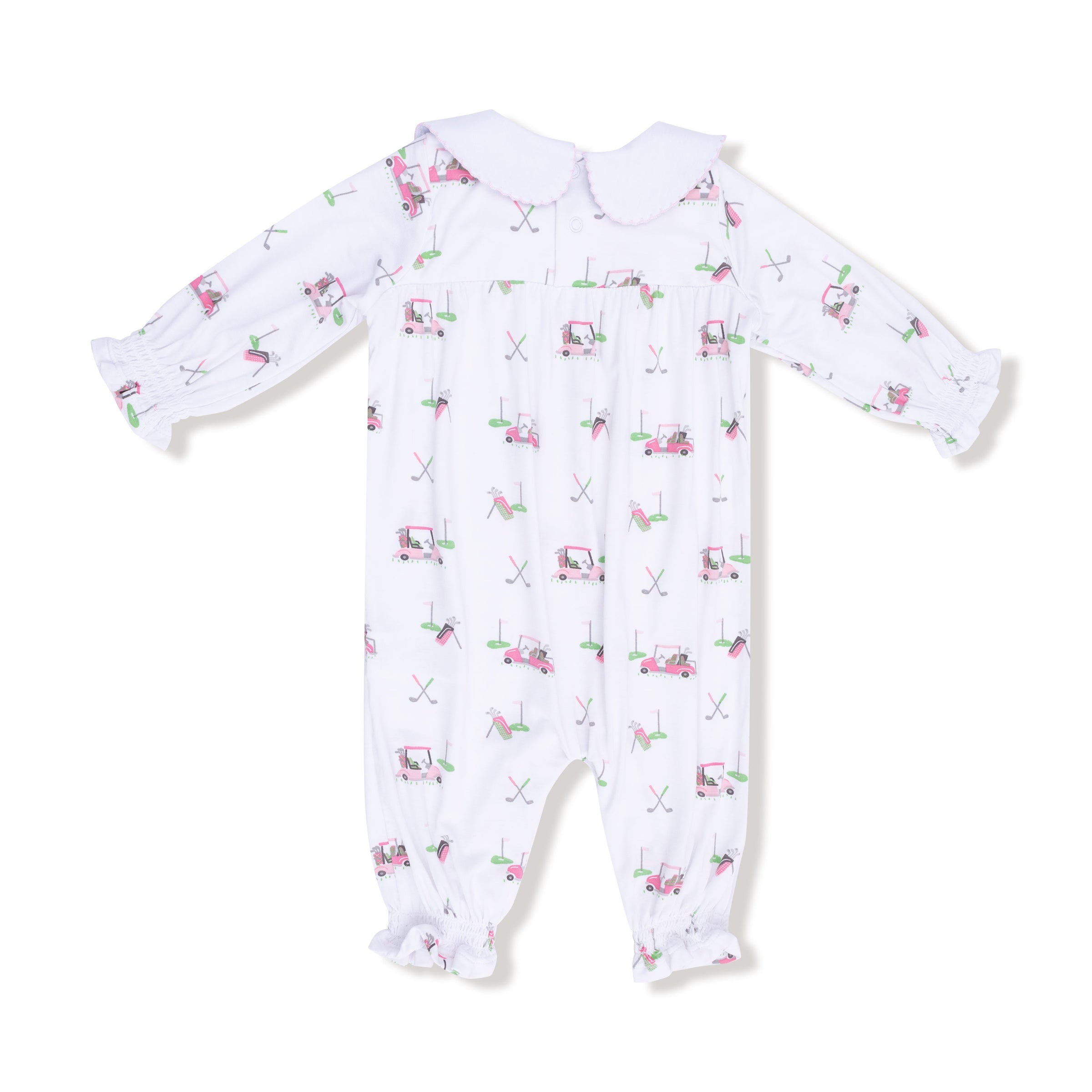 Baby Golf Carts - Pink - Smocked Long Sleeve Romper with Peter Pan Collar