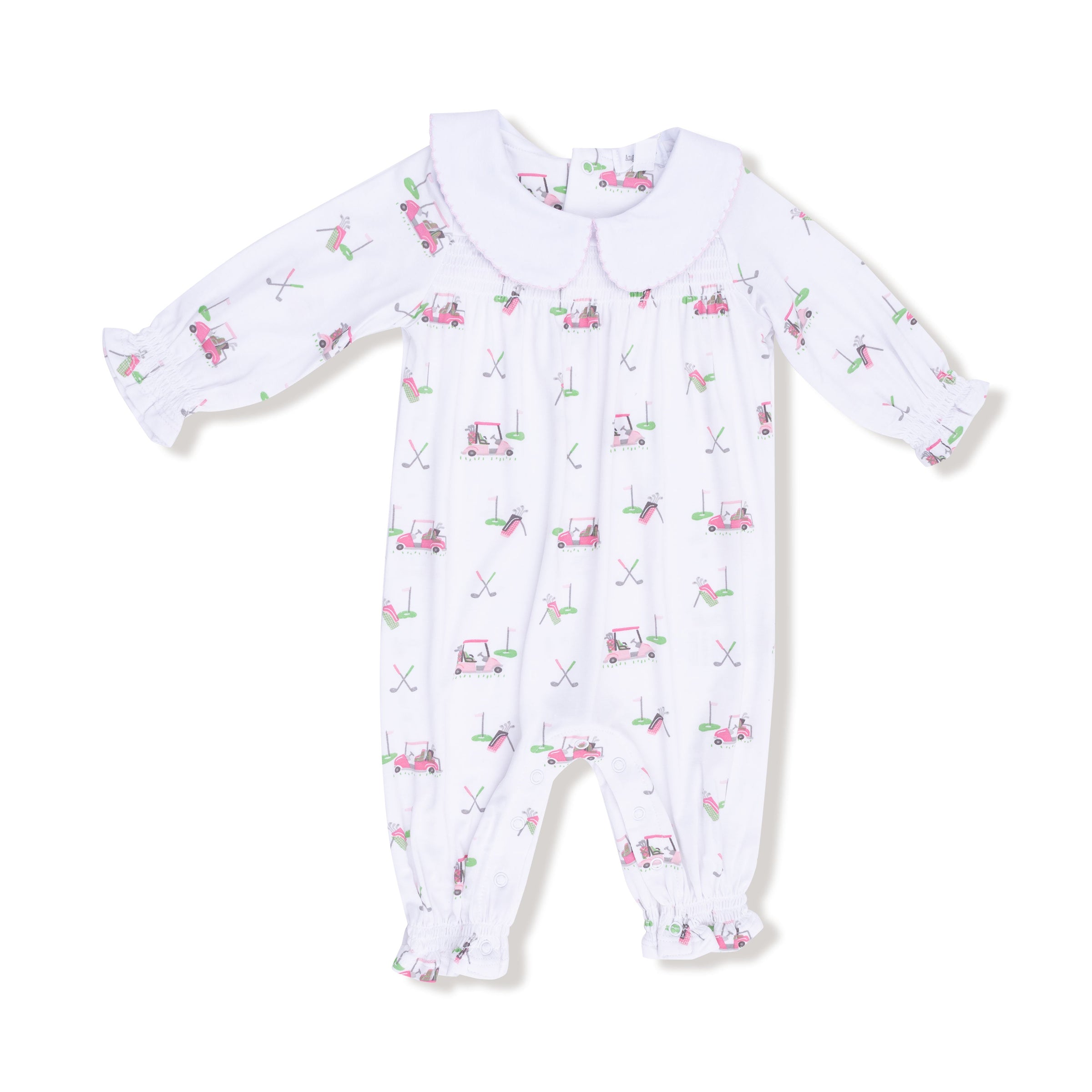 Baby Golf Carts - Pink - Smocked Long Sleeve Romper with Peter Pan Collar