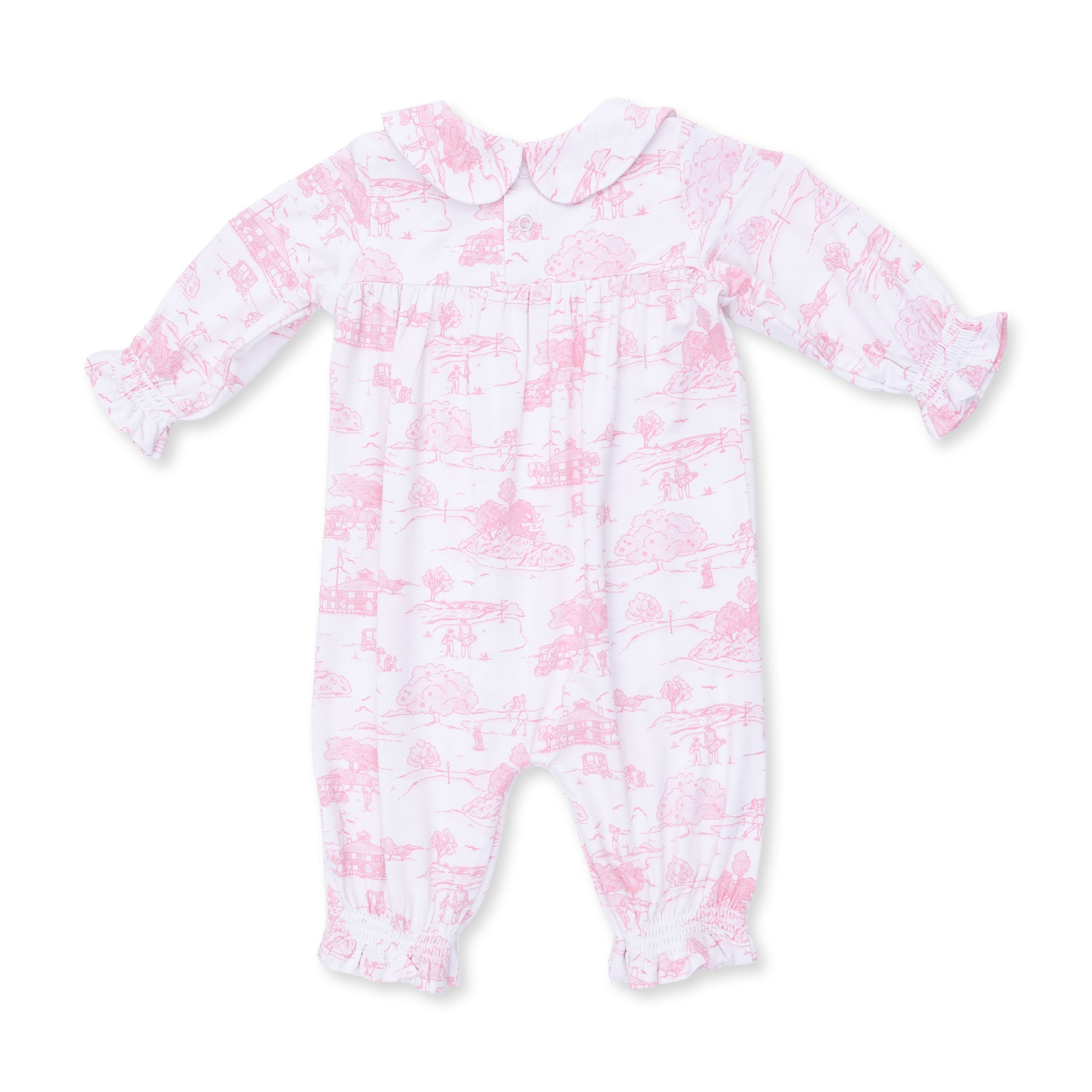 Golf Toile Pink - Smocked Long Sleeve Romper