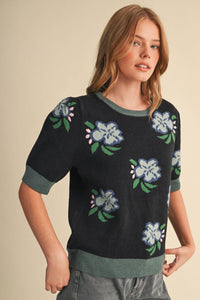 SAVANNA - FLORAL KNIT SHORT SLEEVE SWEATER