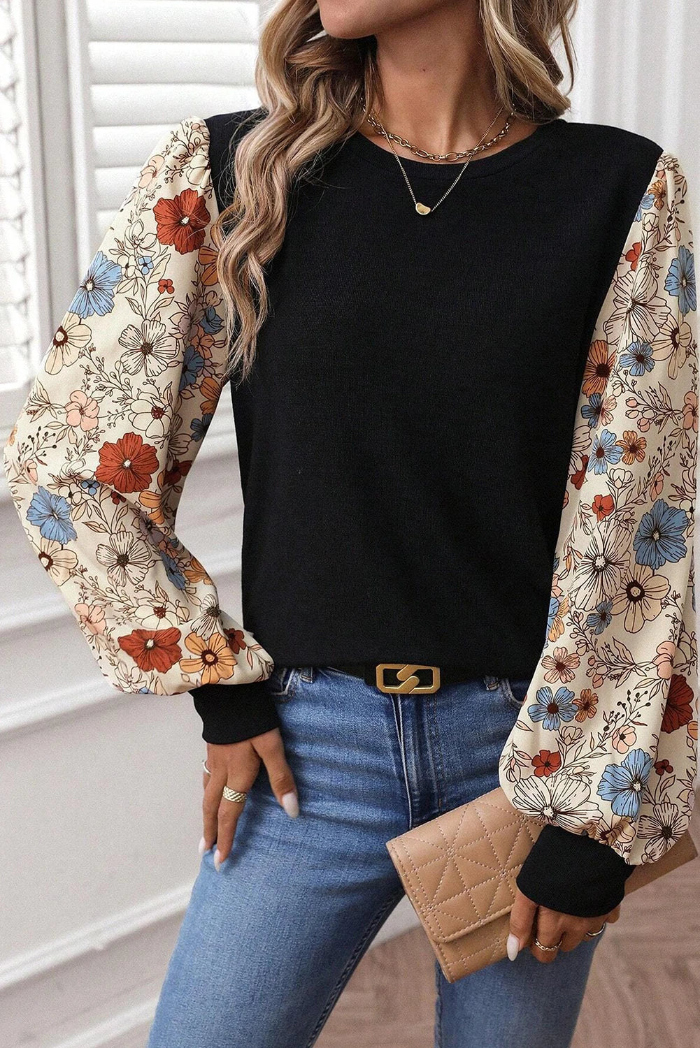 Vanessa - Apricot Floral Patchwork Top - Puff Sleeve Mixed Print Blouse