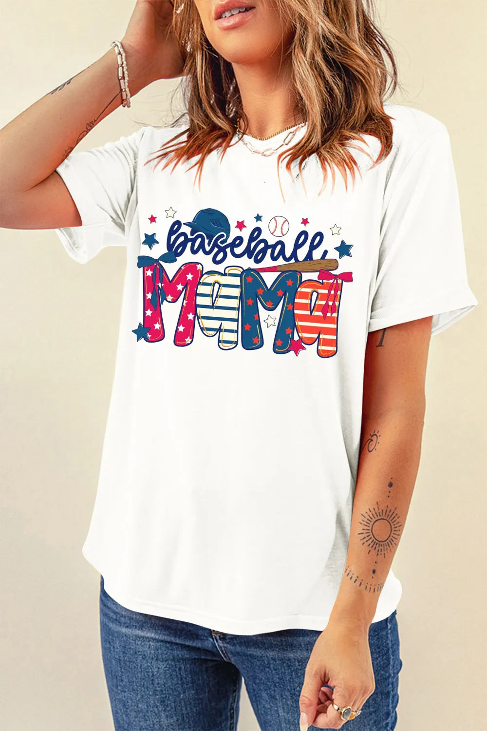 Delia- White Baseball Mama Patriotic Game Day Tee