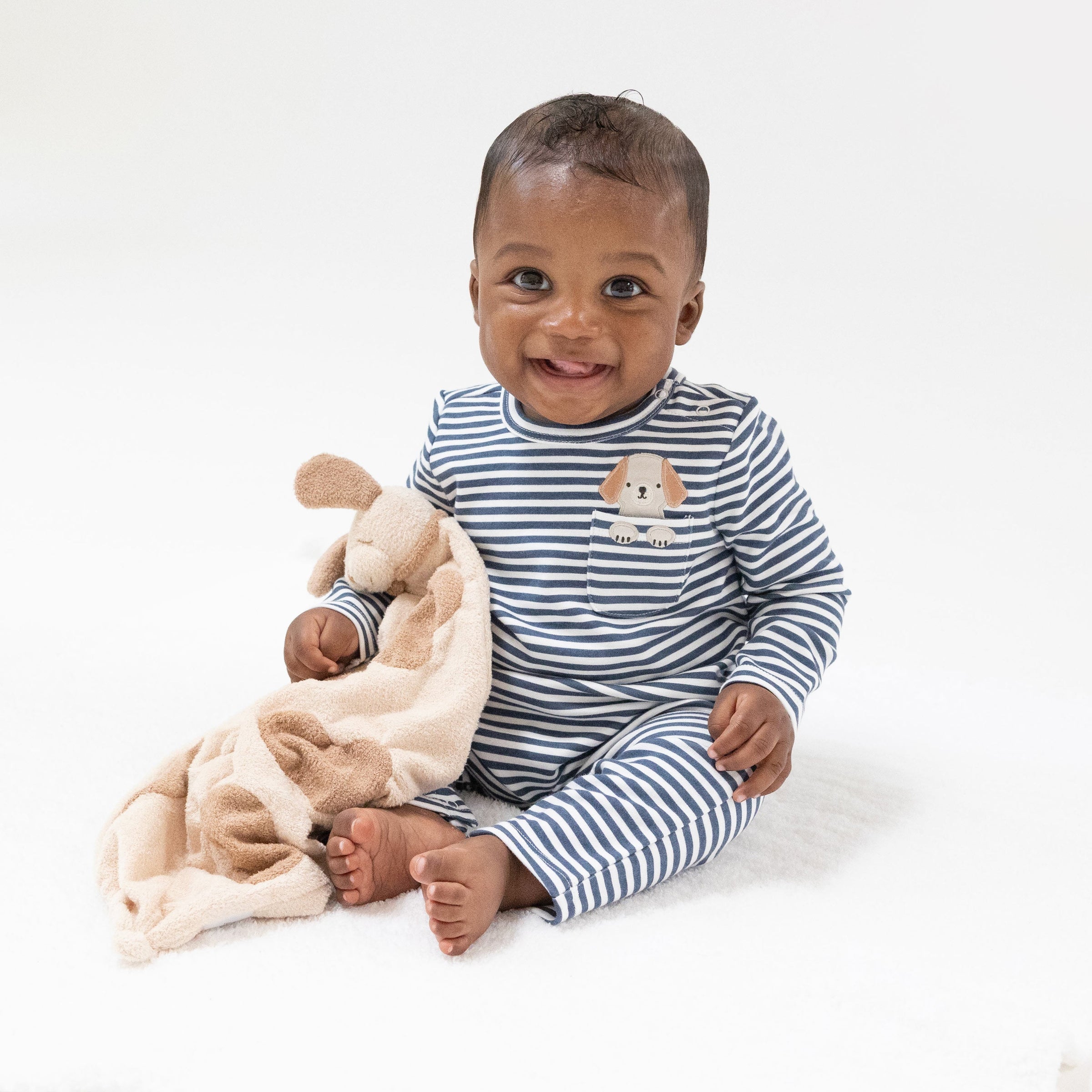 Puppy Stripes - Long Sleeve Snap Shoulder Romper