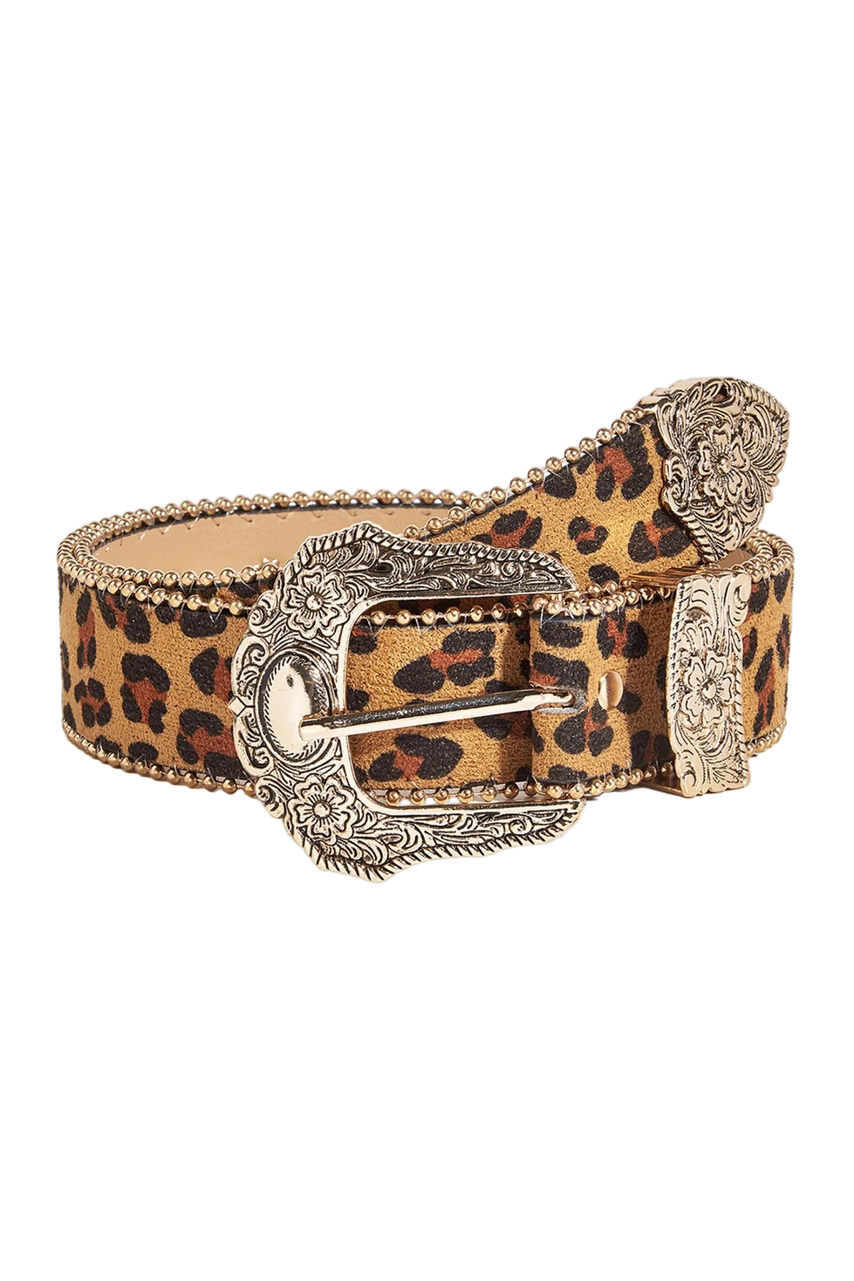 Leopard print belt with decorative buckle on a light beige background