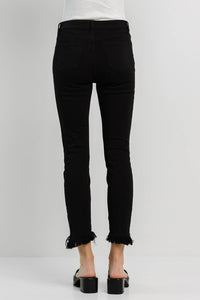 Mid Rise Black Fringe Hem Skinny