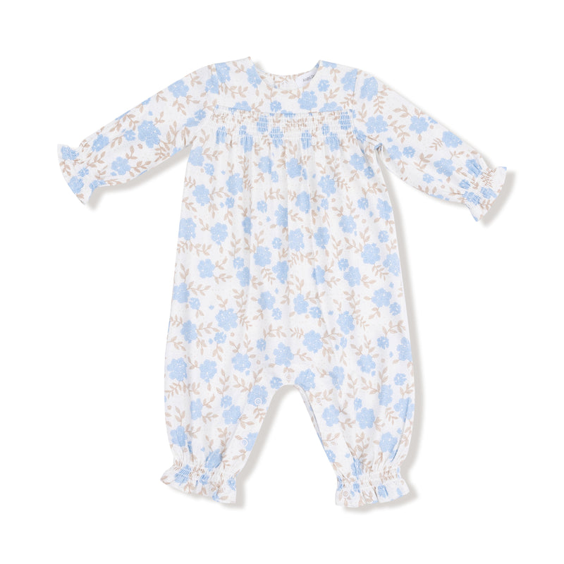 Baby Blue Floral - Smocked Long Sleeve Romper