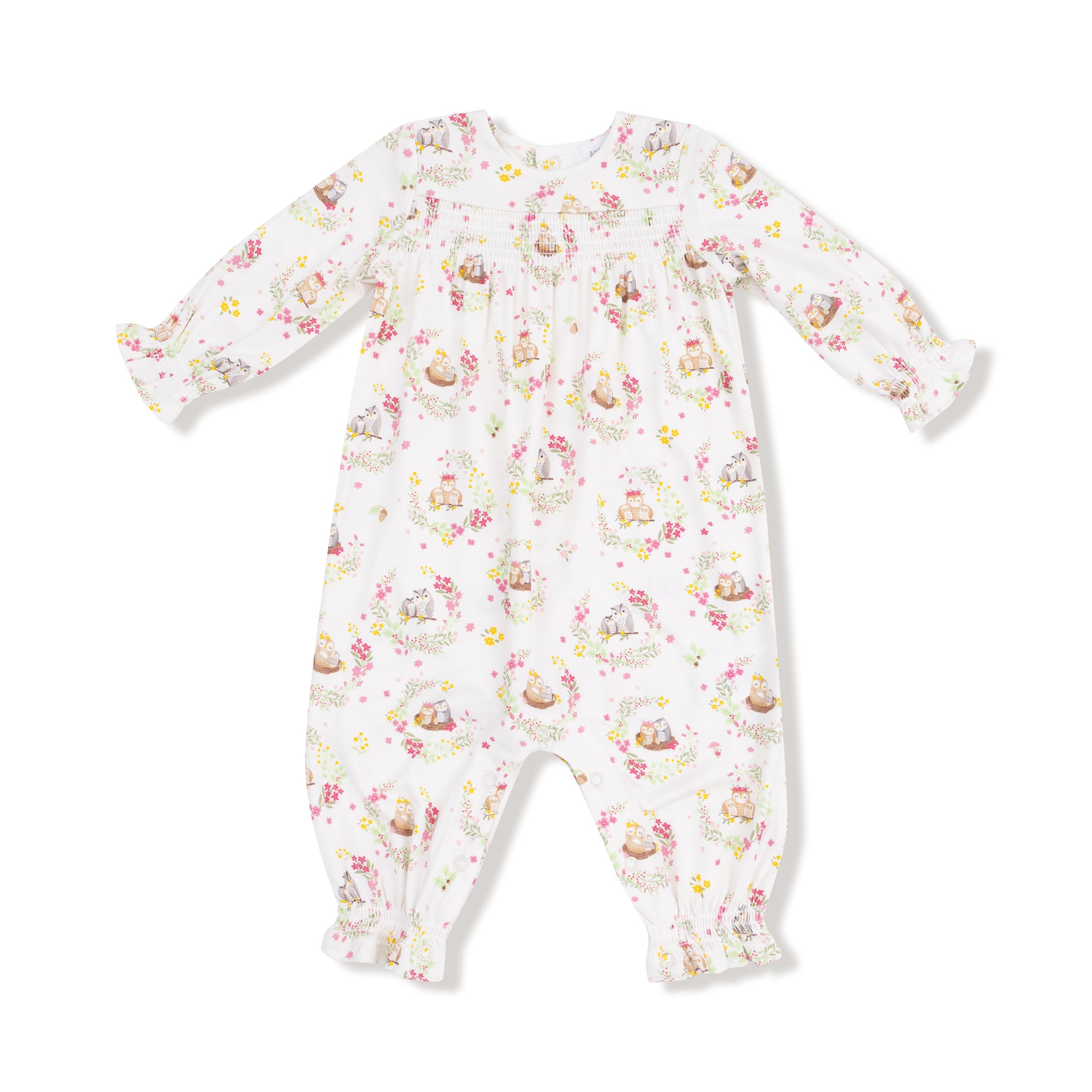 Floral Owl Families - Smocked Long Sleeve Romper