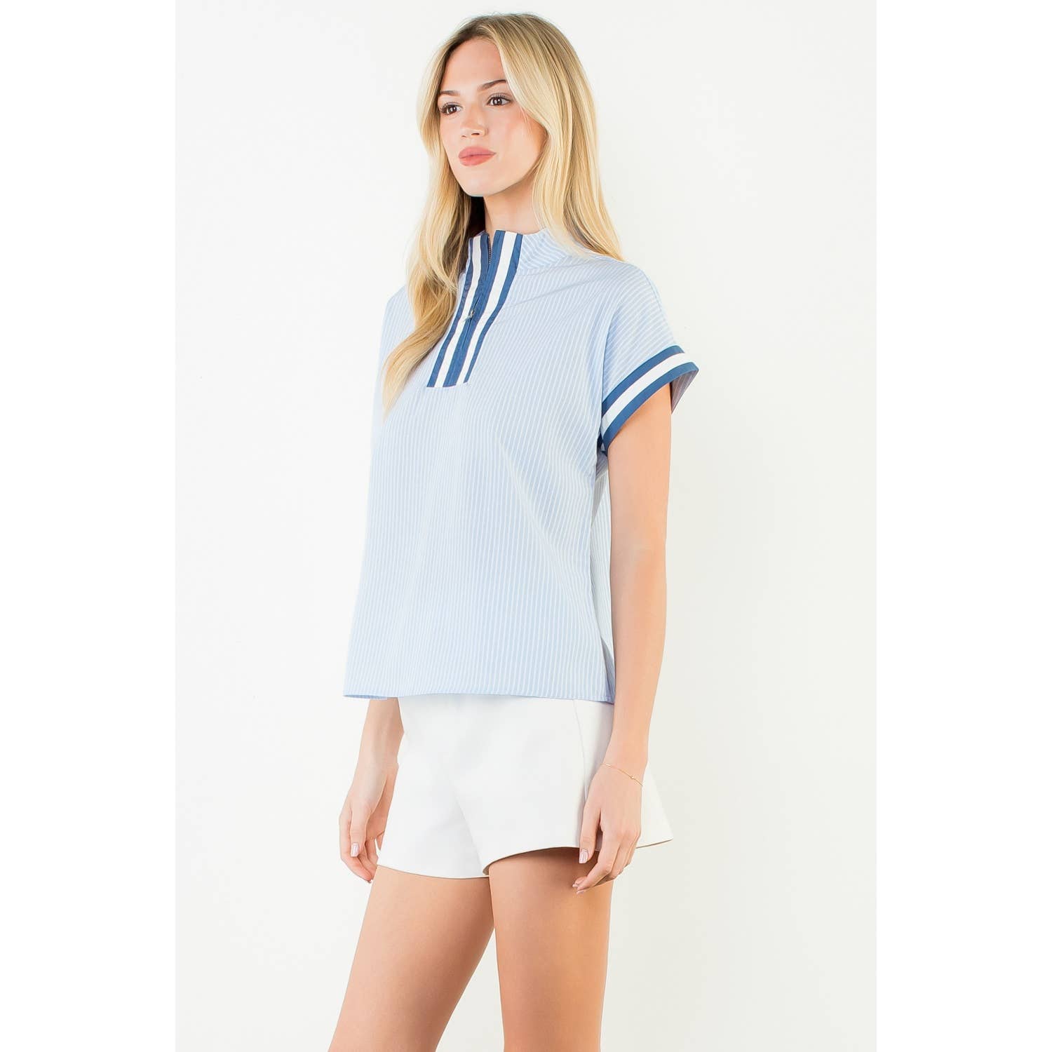 Ally-Short Sleeve Striped Half Zipper Top