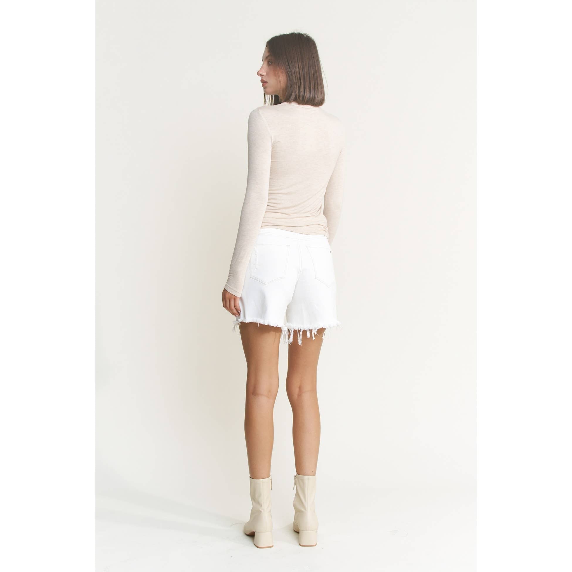 White High-rise Distressed Frayed Hem Shorts