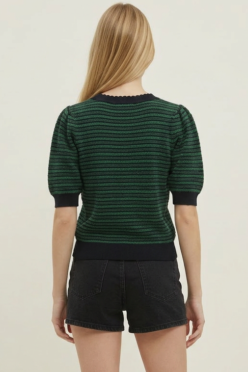 Luna - Contrast Scalloped Navy and Green Striped Knit Top