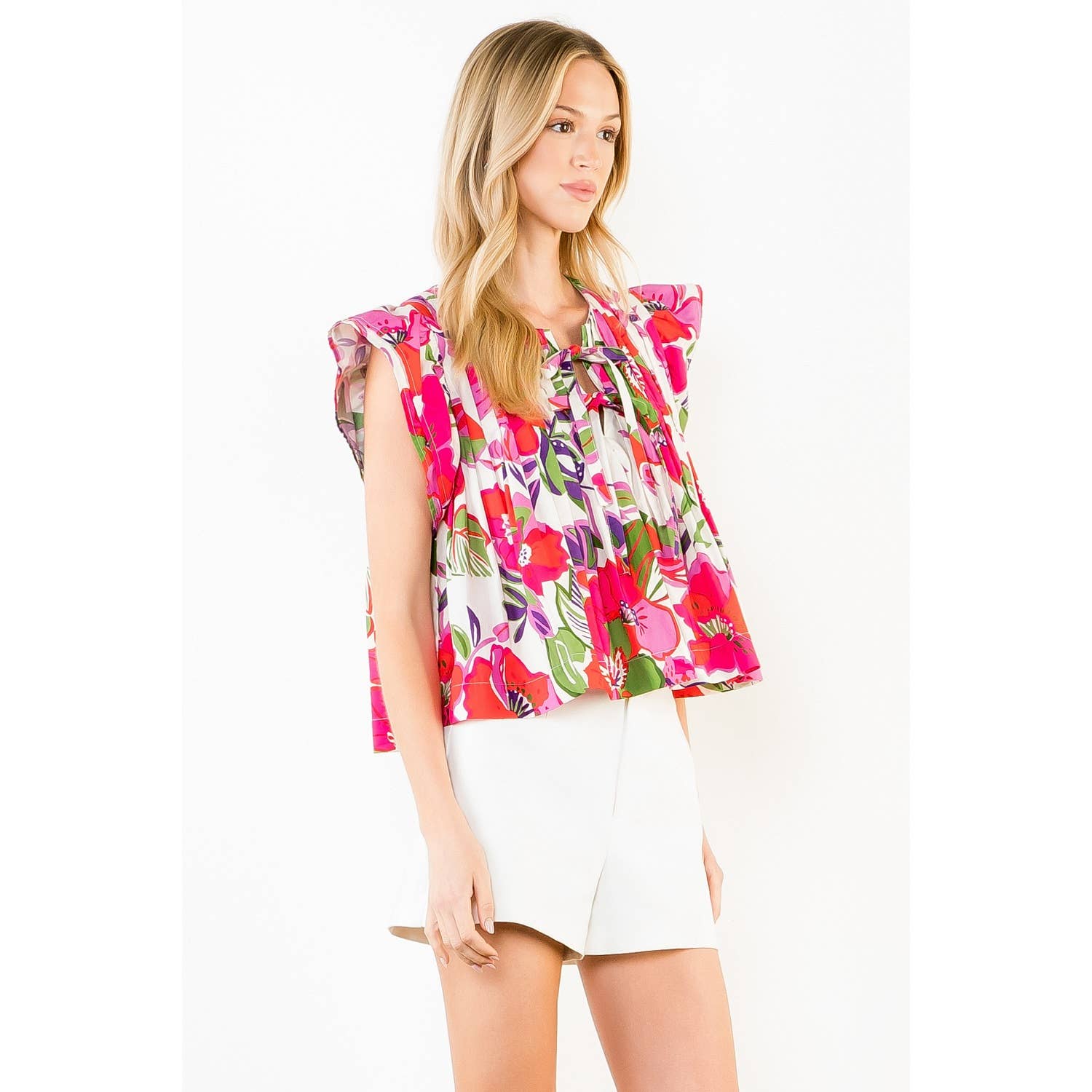 Gia - Floral Print Pintuck Top with Bow Detail - add matching skirt for 1/2 off with code GIA