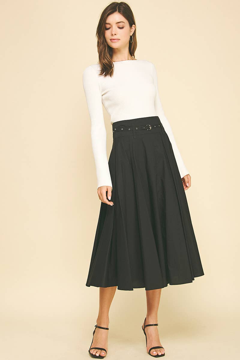 Lynne- Pleated A-Line Midi Skirt with Belt