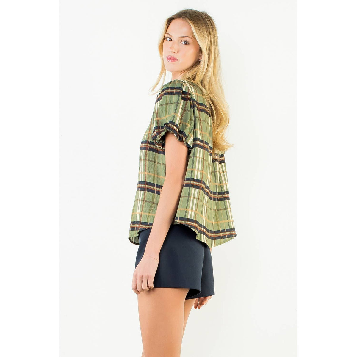 Maddie - Ruffled Neck Plaid Top