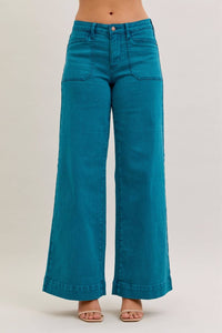 Freya - Teal Mid Rise Utility Wide Jeans