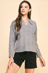 Beatrice- CABLE KNIT COLLARED SWEATER TOP - HEATHER GREY