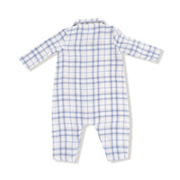 Blue Plaid - Long Sleeve Polo Romper with Full Placket