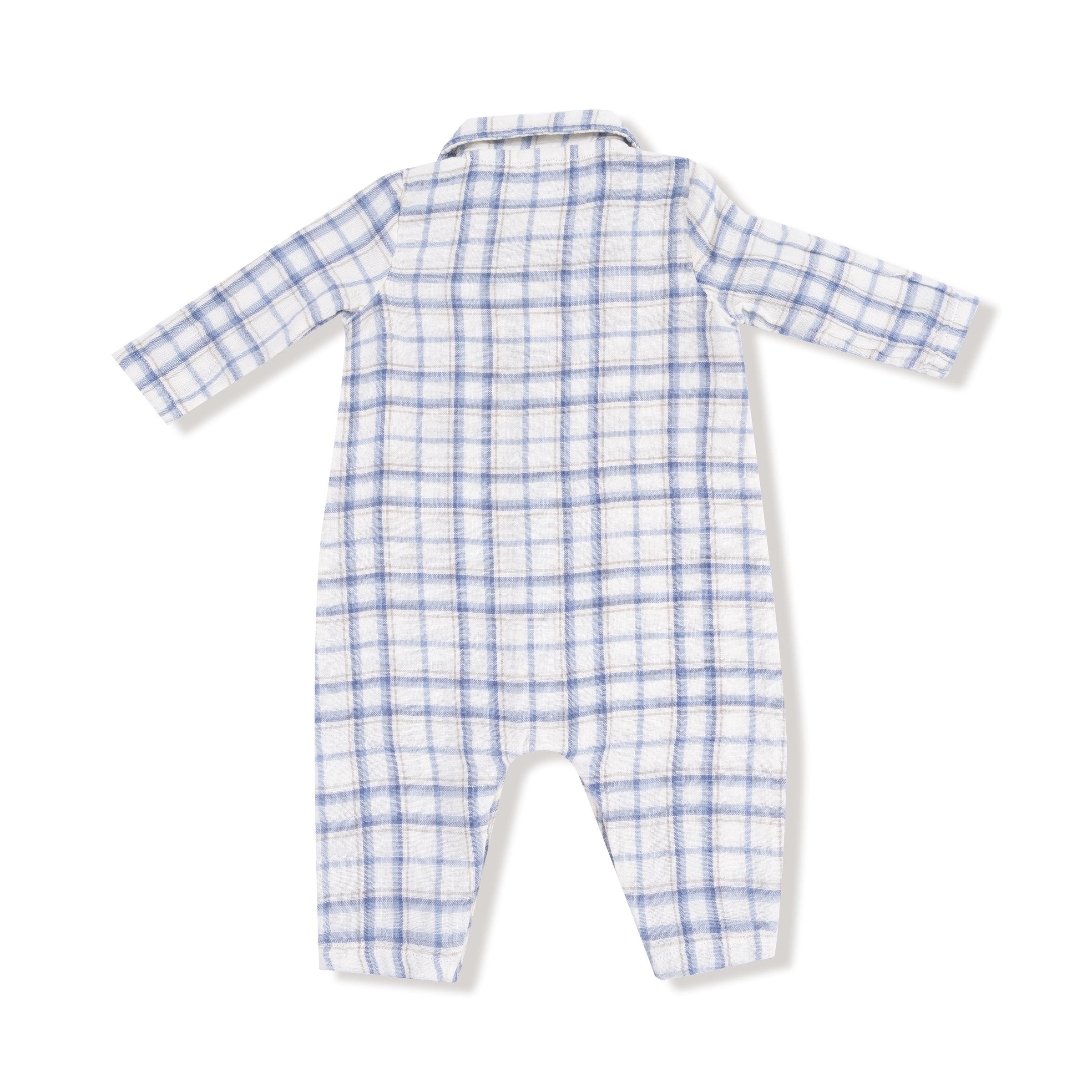 Blue Plaid - Long Sleeve Polo Romper with Full Placket