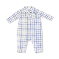 Blue Plaid - Long Sleeve Polo Romper with Full Placket