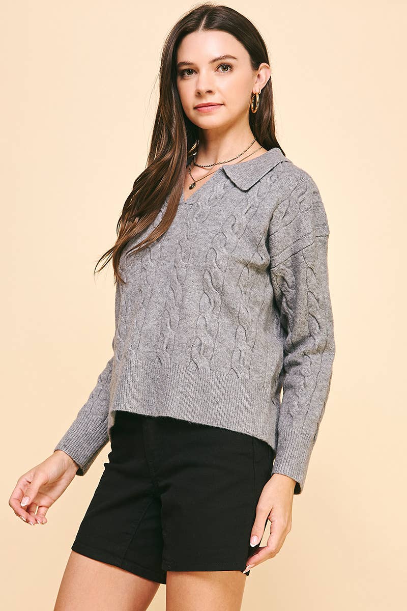 Beatrice- CABLE KNIT COLLARED SWEATER TOP - HEATHER GREY