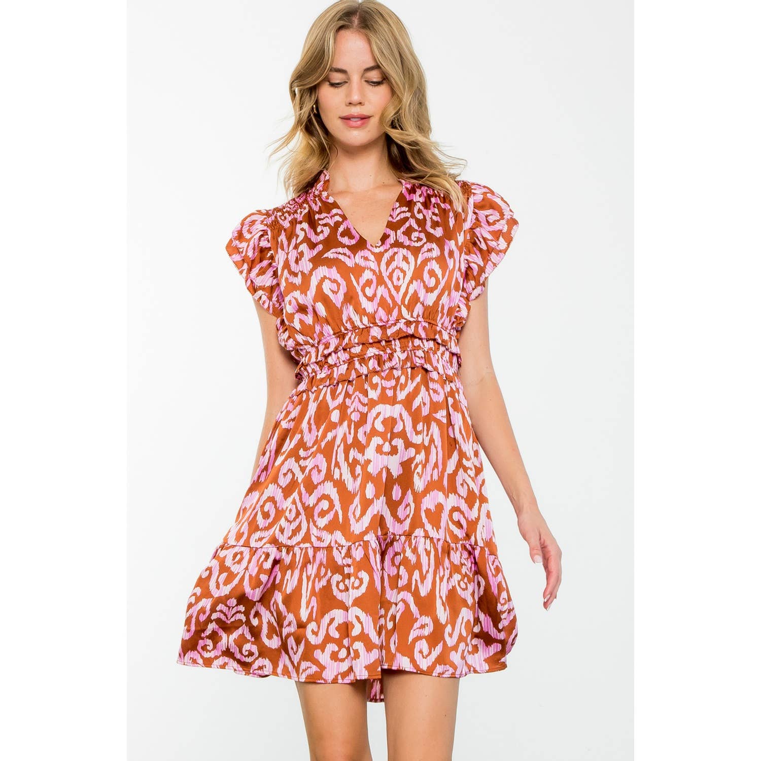 Monica-Flutter Sleeve Tiered Print Mini Dress