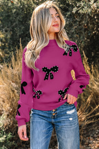 Leana- Bright Pink Pearl Embellished Bow Pattern Loose Sweater