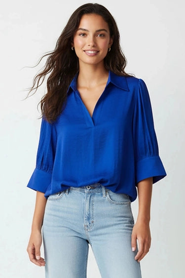 Dani - Capri Blue Half Sleeve Hi-lo Bubble Hem Blouse