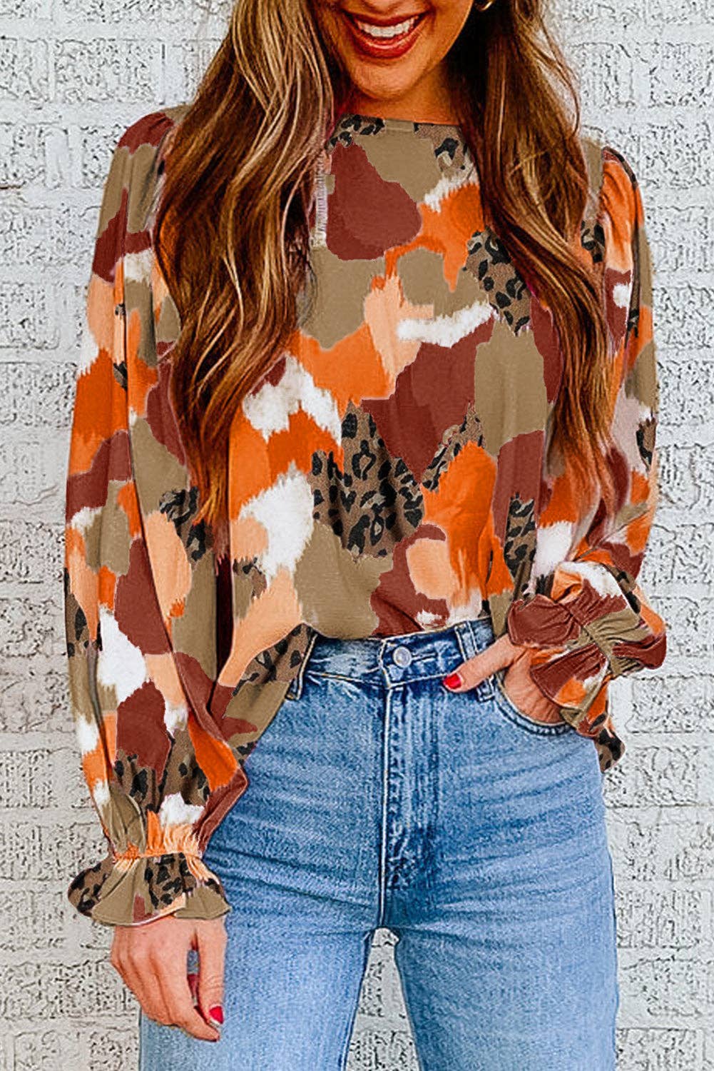 Abstract Leopard Long Sleeve Blouse