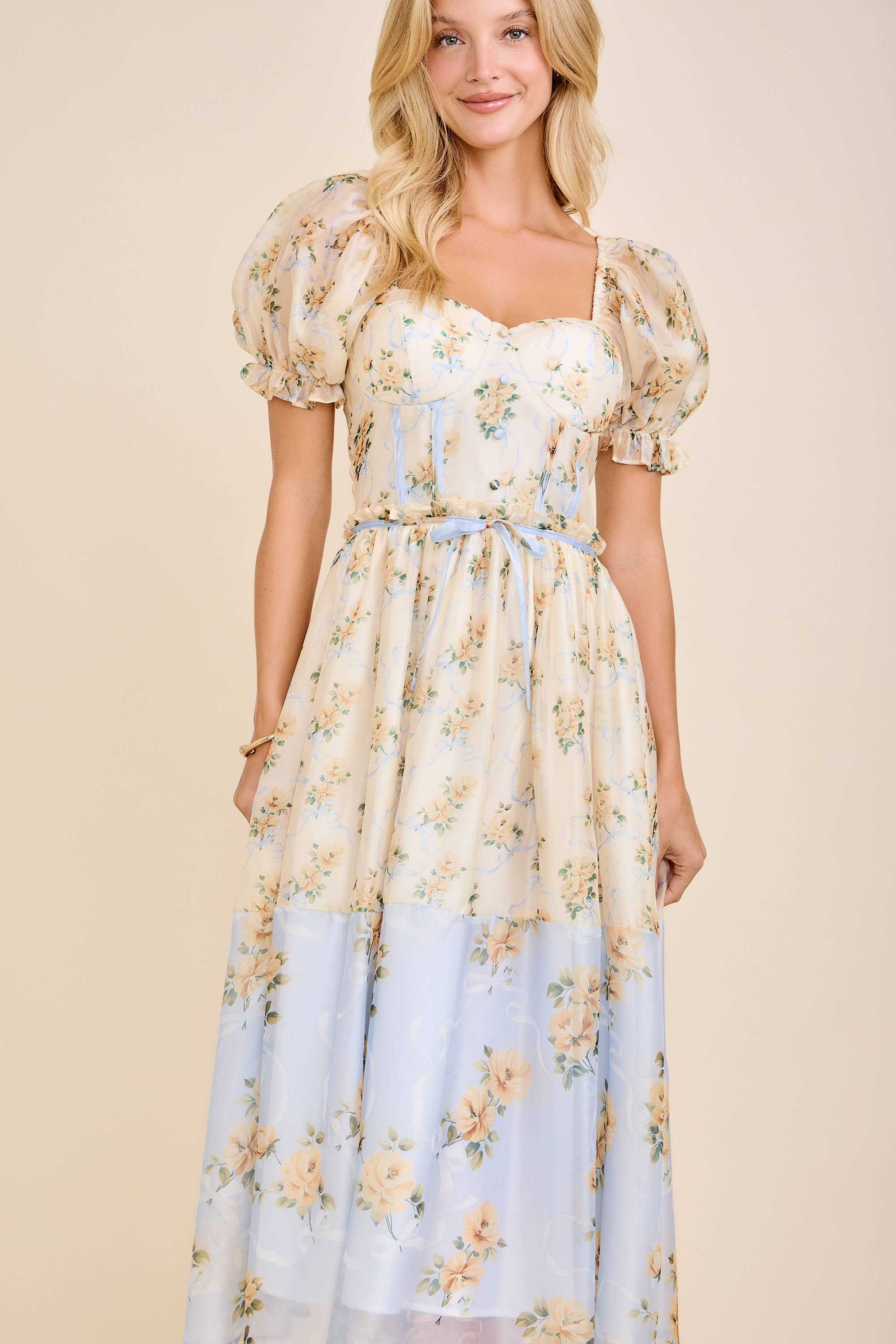 Cassy Floral print colorblock midi dress with puff short sleeves