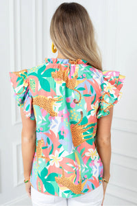 Marcey - Green Frilly Ruffle Tie Split Neck Summer Floral Blouse