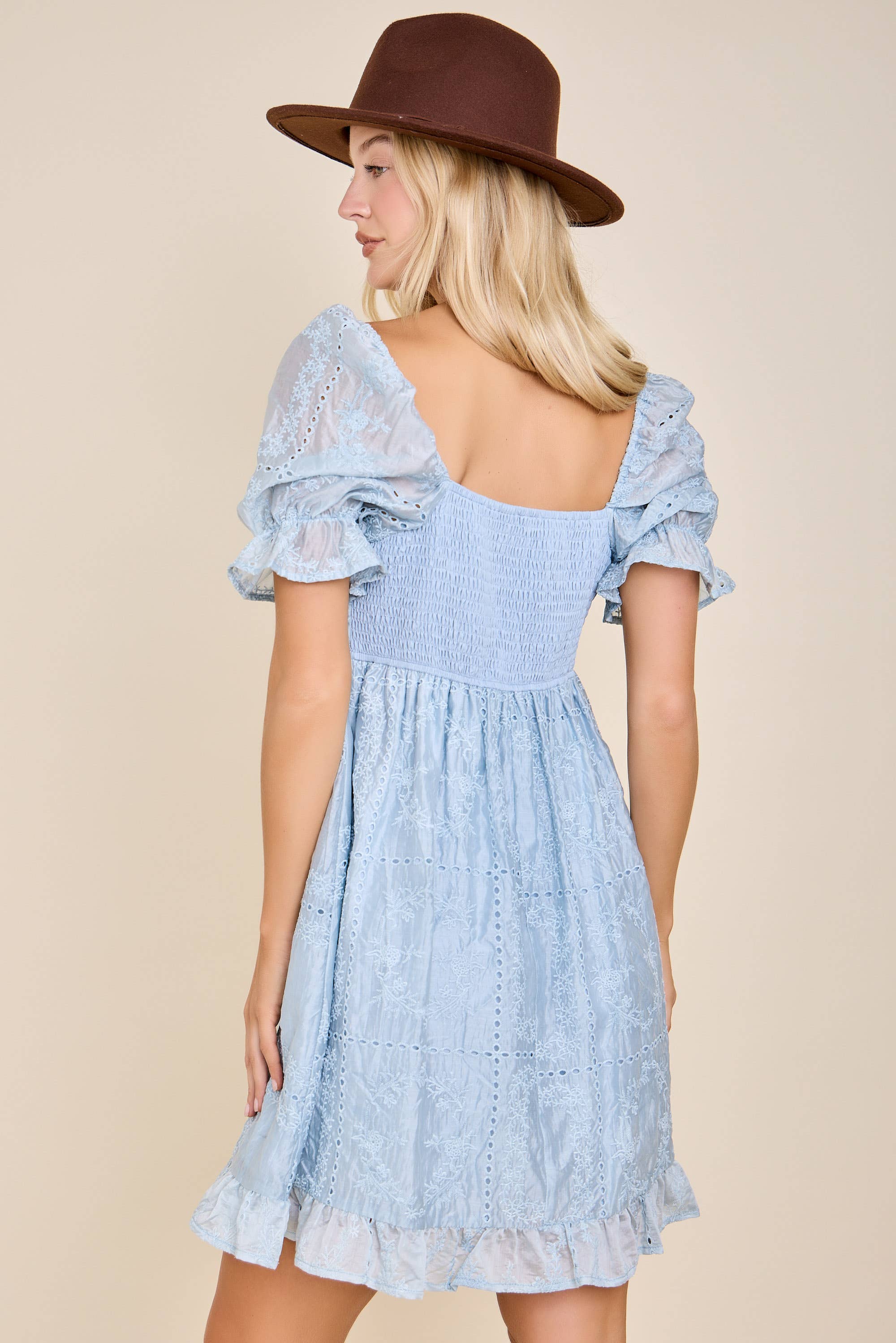 Rylee Eyelet Embroidered Puff Sleeve Babydoll Dress Small / DUSTY BLUE