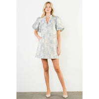 Nina - Puff Sleeve Floral Detail V-Neck Mini Dress