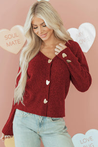 Margo - Red V-Neck Cardigan with Gold Heart Button