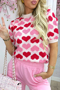 Rosie -Pink 2-Tone Heart Print Valentine Crew Neck Short Sleeve Sweater