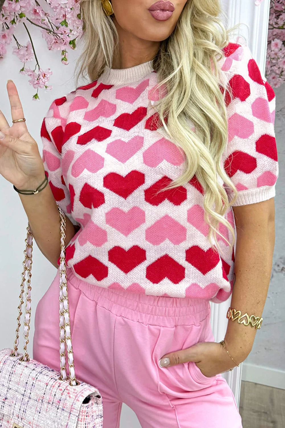 Rosie -Pink 2-Tone Heart Print Valentine Crew Neck Short Sleeve Sweater