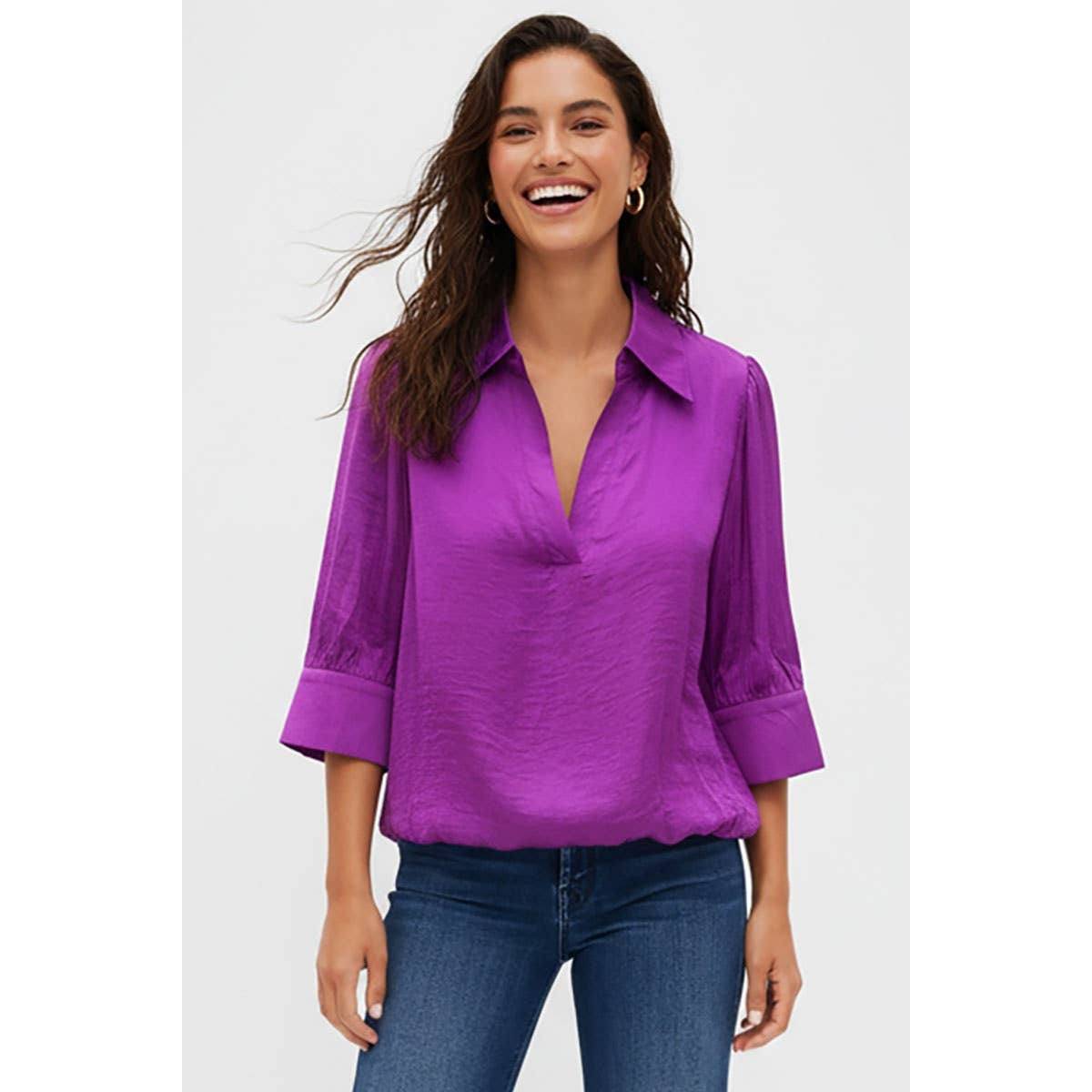 Maleigh - Viola Half Sleeve Hi-lo Bubble Hem Blouse