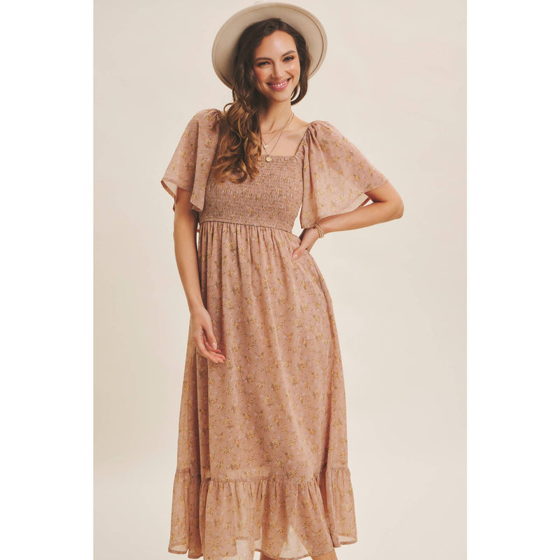 Ariana Square Neck Floral Chiffon Smocked Midi Dress