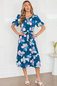 Myra - Blue Floral Print Short Puff Sleeve Ruffle Hem Belted Long Dress