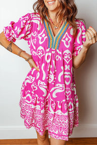 Jellie - Pink Boho Embroidered V-Neck Short Sleeve Flared Mini Dress