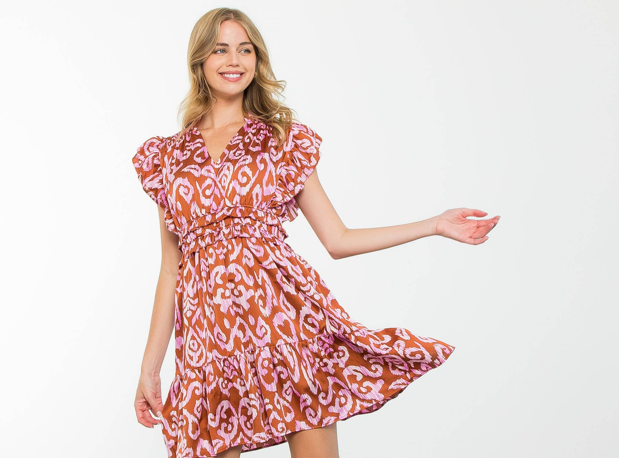 Monica-Flutter Sleeve Tiered Print Mini Dress