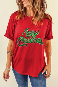 Red Merry Christmas Graphic Tee – Festive Slogan Crewneck T-Shirt, Women's Holiday Short Sleeve Top