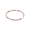 Beaded necklace with wine red, white, and gold beads on a white background