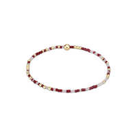 Beaded necklace with wine red, white, and gold beads on a white background