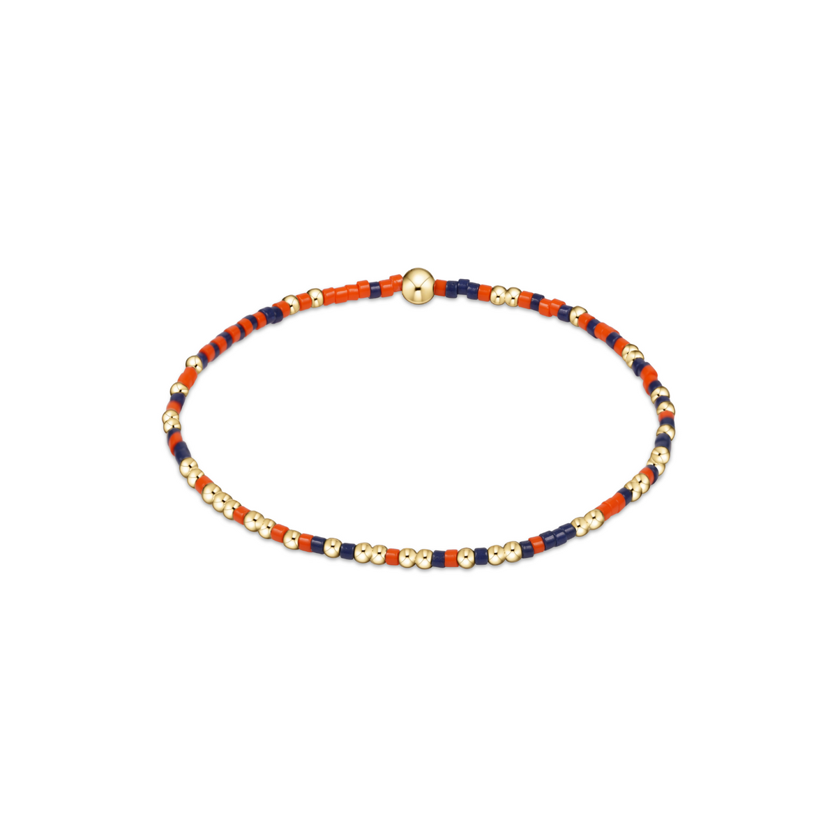 Bracelet with orange, blue, and gold beads on a white background