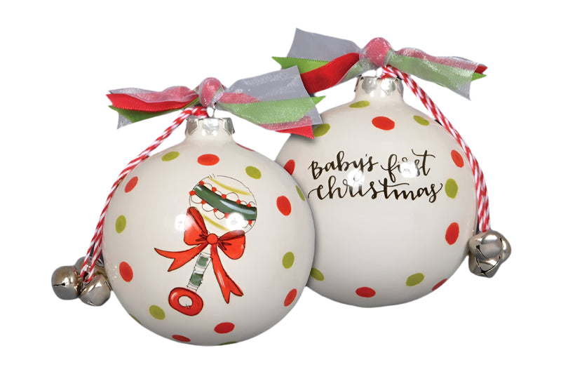 Two Christmas ornaments with polka dots and festive designs on a gray background