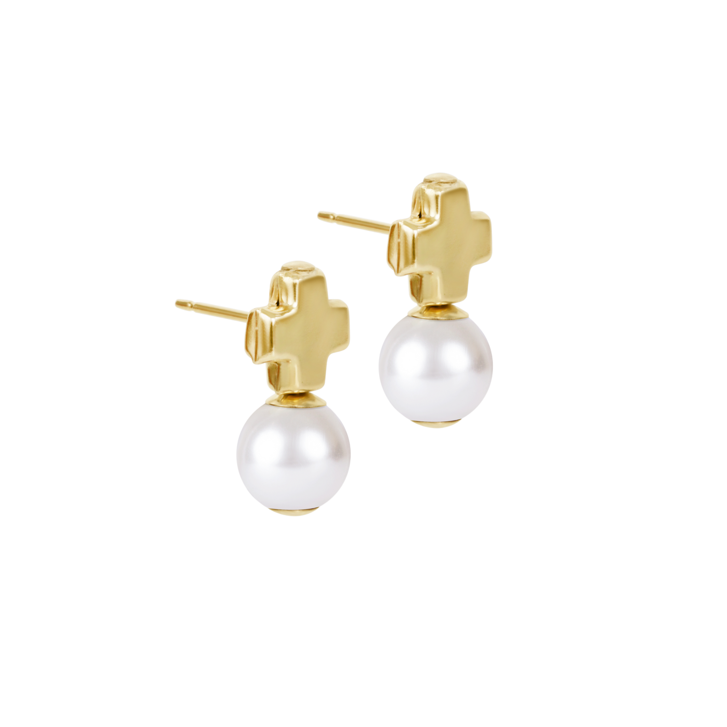 Signature Cross Small Gold Stud with Pearl Earrings