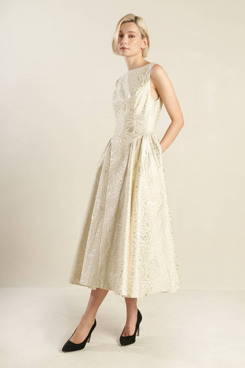 CHECK YOURSELF CHAMPAGNE WOVEN MIDI DRESS
