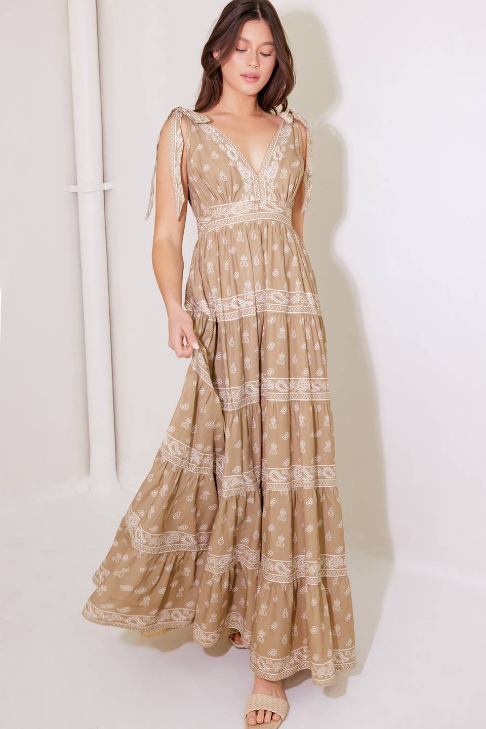 CUDDLY ATTITUDE TAUPE WOVEN MAXI DRESS